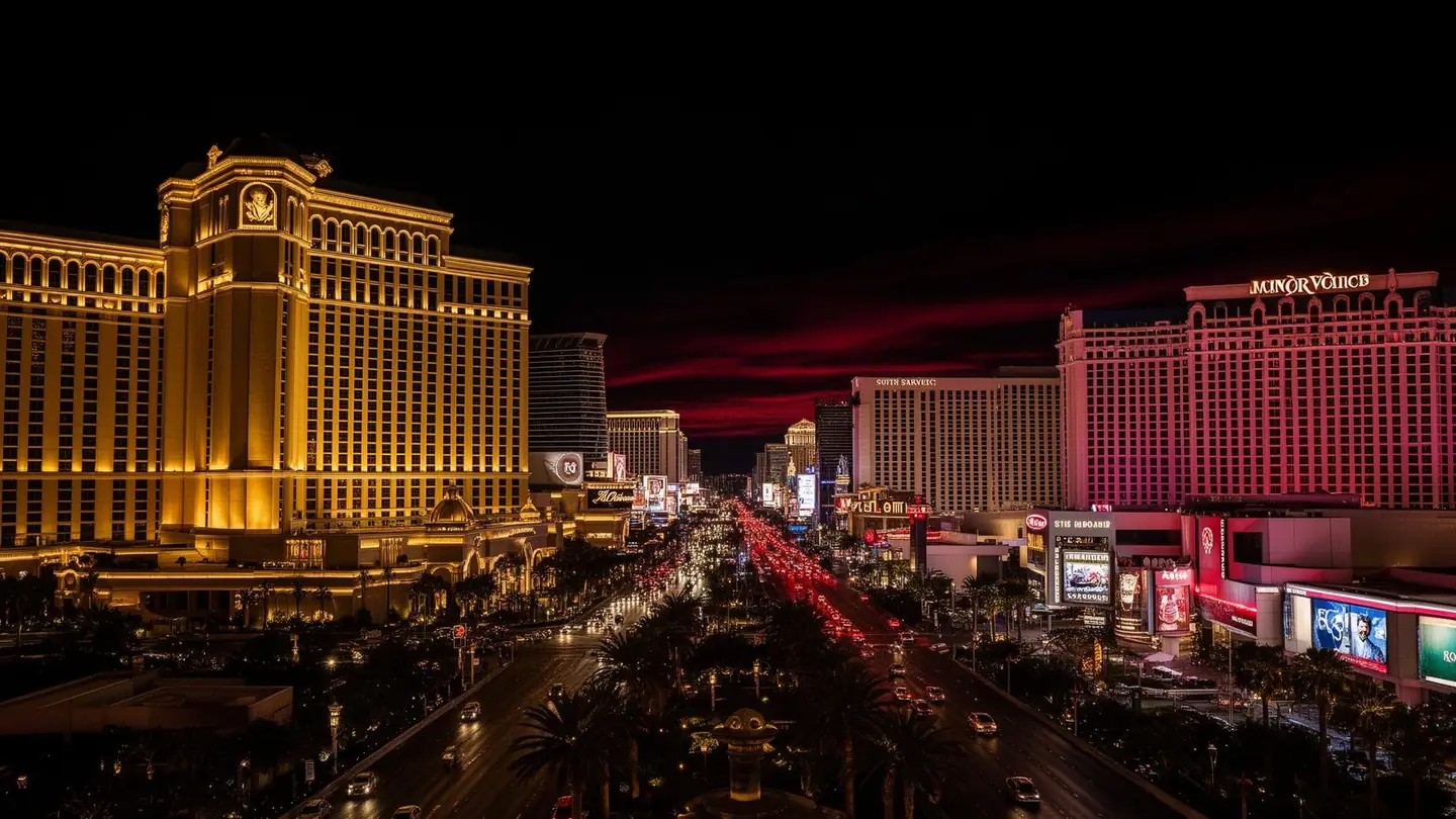 Las Vegas Strip at night, golden and crimson lights along the skyline